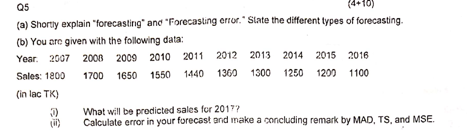 Q5 (4+10) (a) Shortly explain "forecasting" and