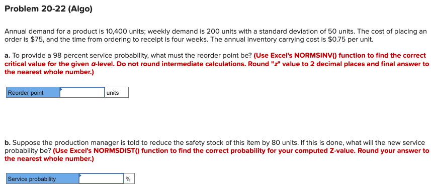 Problem 20-22 (Algo) Annual demand for a product