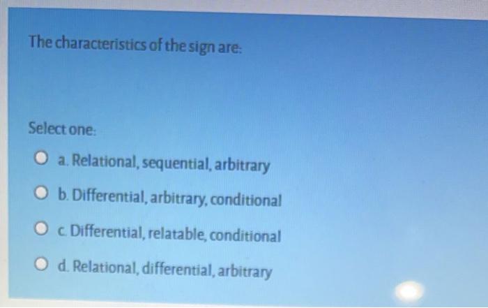 The characteristics of the sign are: Select one: