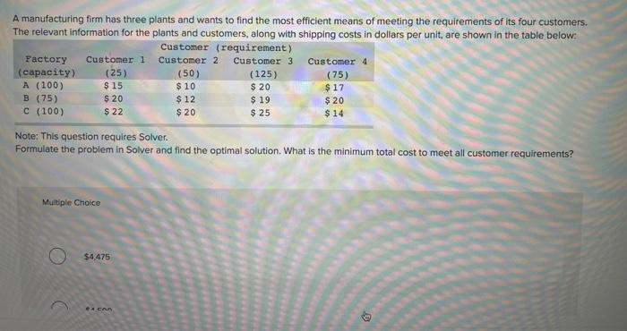 A manufacturing firm has three plants and wants