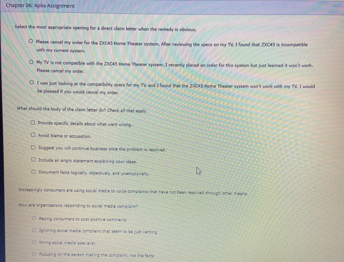 Chapter 06: Aplia Assignment Select the most