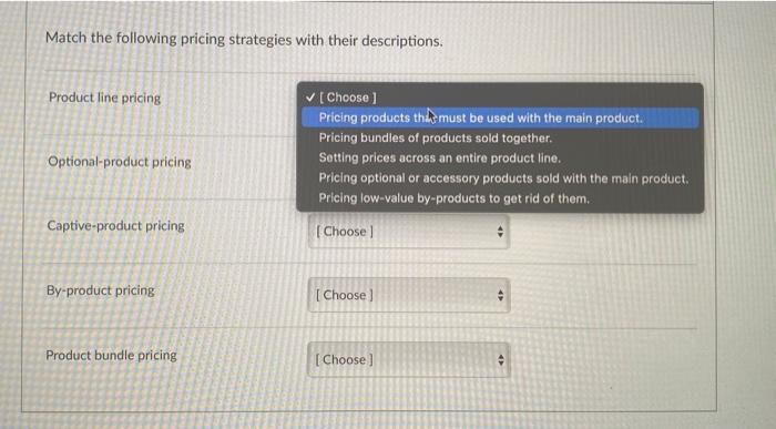 Match the following pricing strategies with their