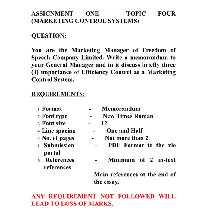 FOUR ASSIGNMENT ONE TOPIC (MARKETING CONTROL