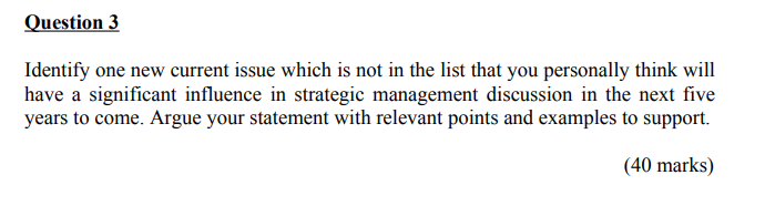 Question 3 Identify one new current issue which