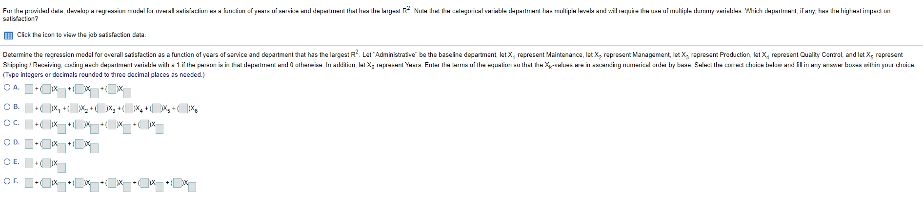 For the provided data, develop a regression model