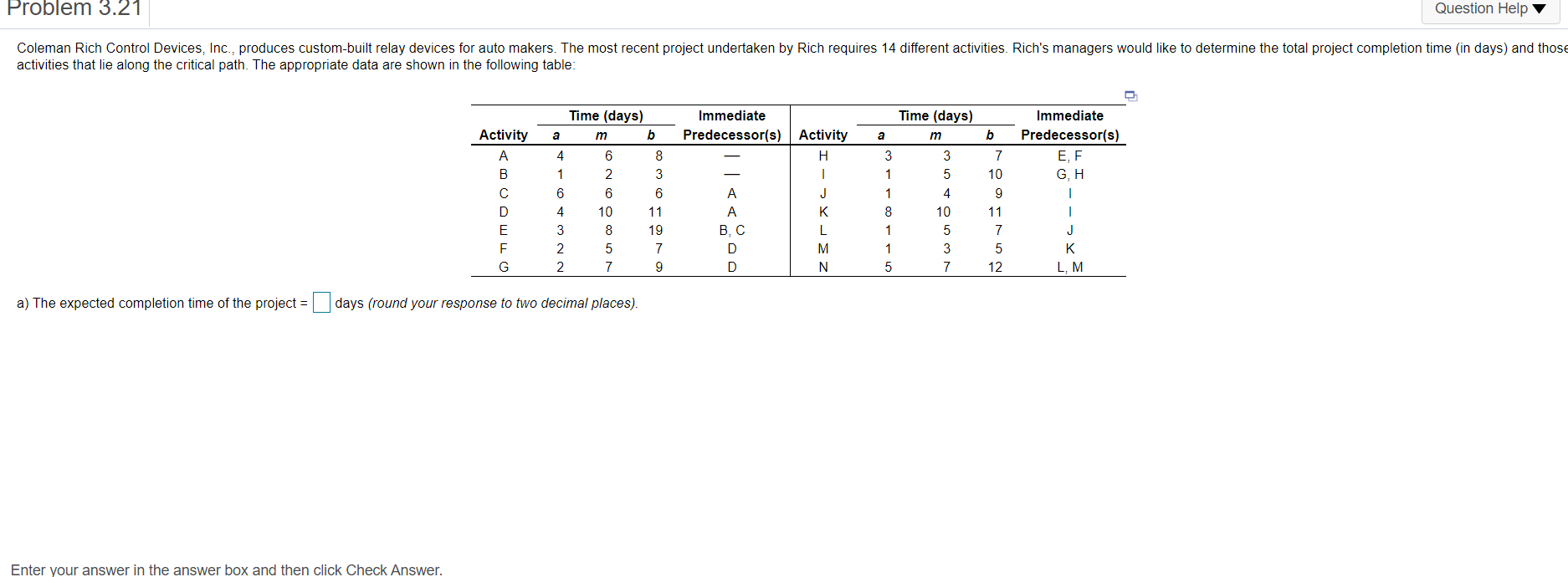 Problem 3.21 Question Help Coleman Rich Control