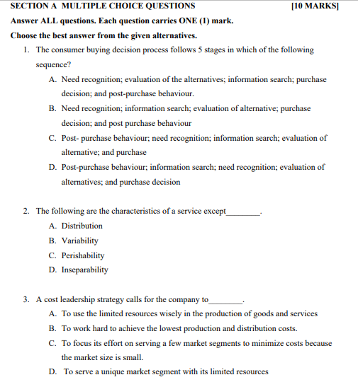 MARKETING QUESTIONS SECTION A MULTIPLE CHOICE