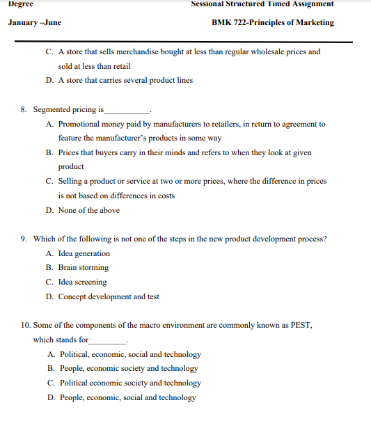 MARKETING QUESTIONS SECTION A MULTIPLE CHOICE