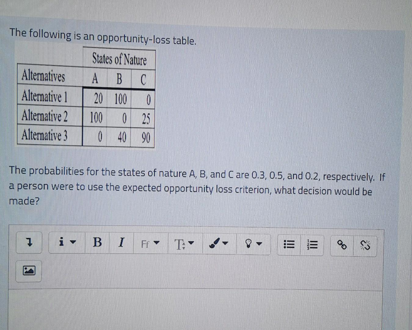 The following is an opportunity-loss table.