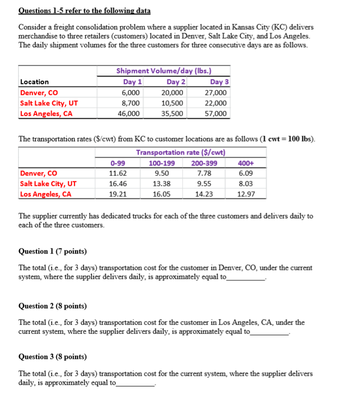 Questions 1-5 refer to the following data