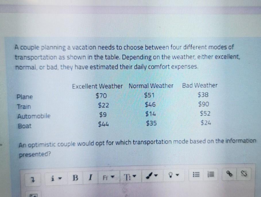 A couple planning a vacation needs to choose