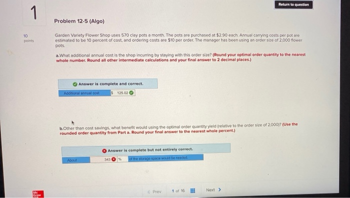 i need help with B Return to question 1 Problem