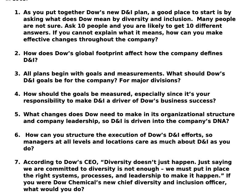 1. As you put together Dow's new D&l plan, a good