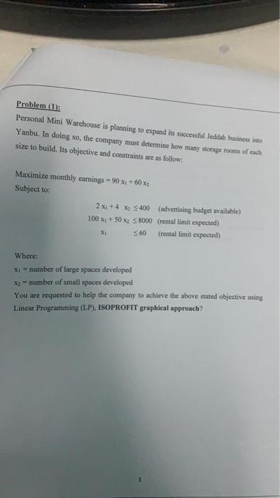 Problem (D: Personal Mini Warehouse is planning