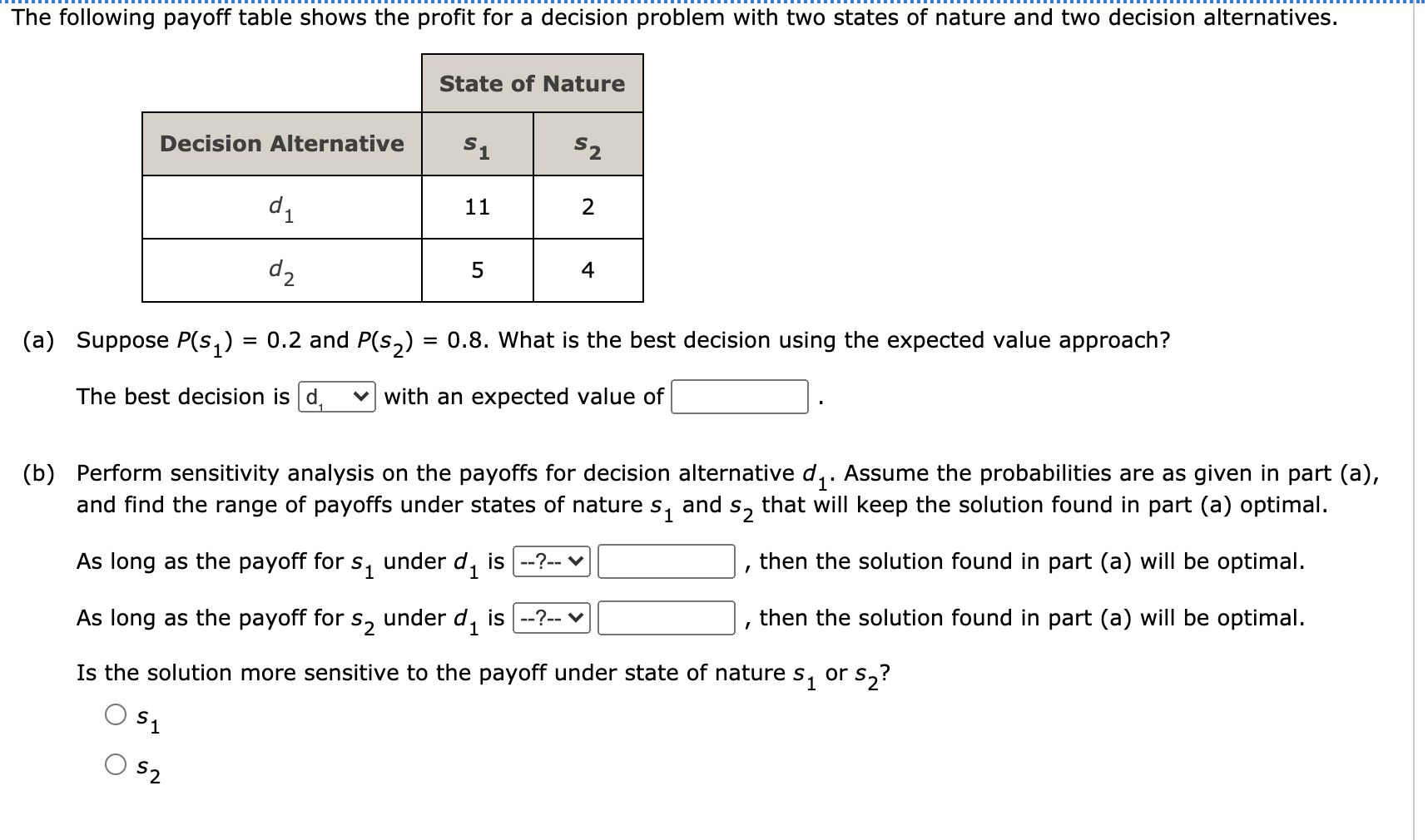 The following payoff table shows the profit for a