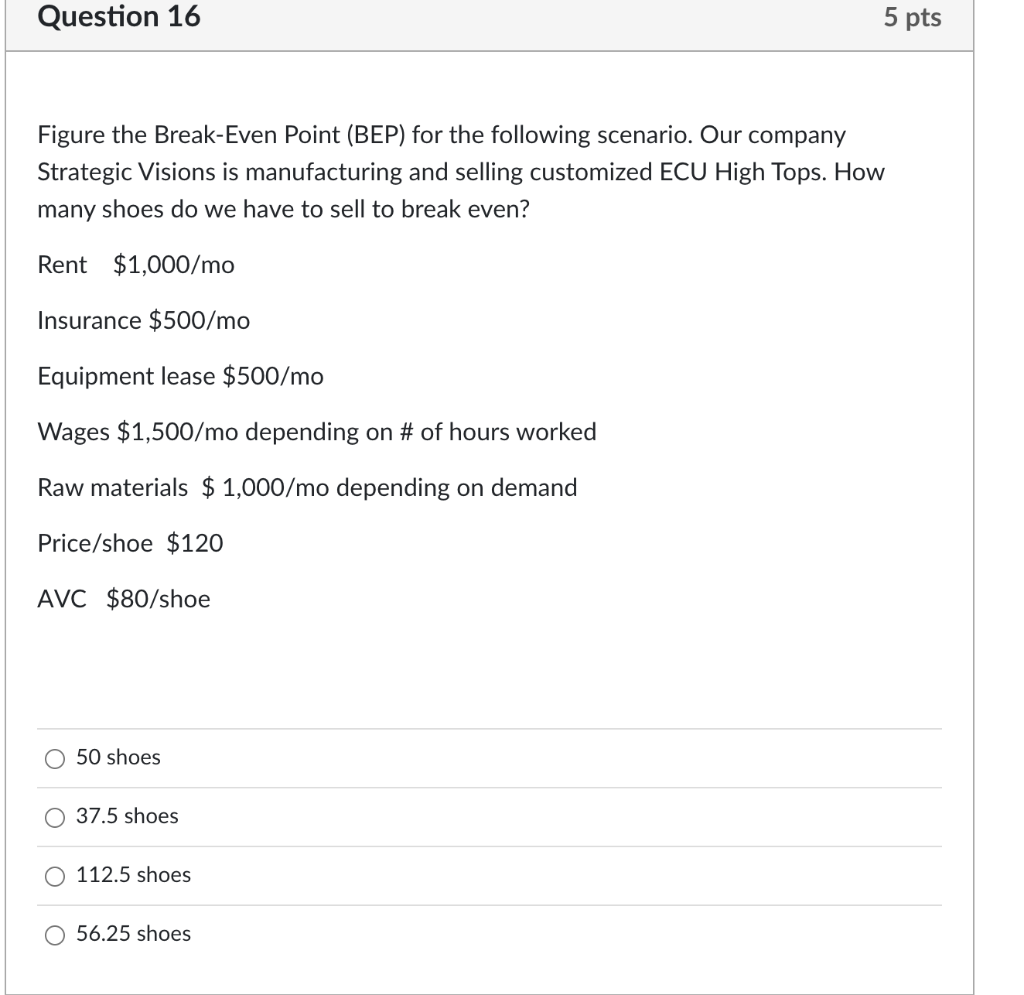 Question 16 5 pts Figure the Break-Even Point
