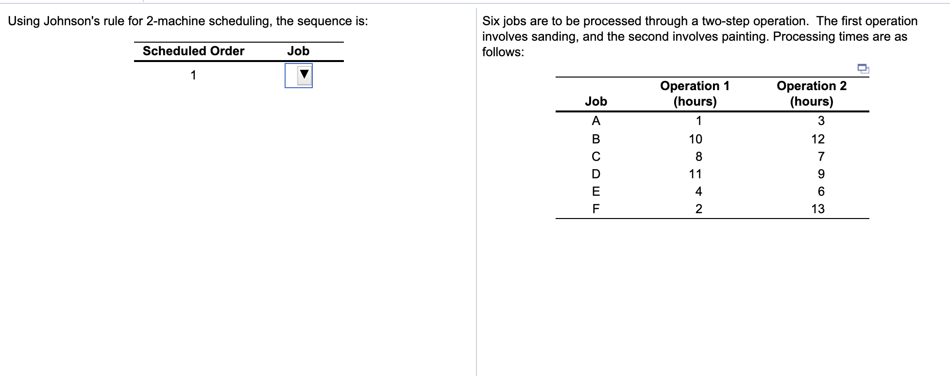 a) Full sequence questions: Scheduling Order 1 ->