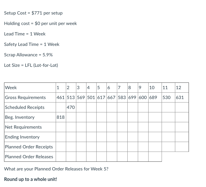 Setup Cost = $771 per setup Holding cost = $0 per