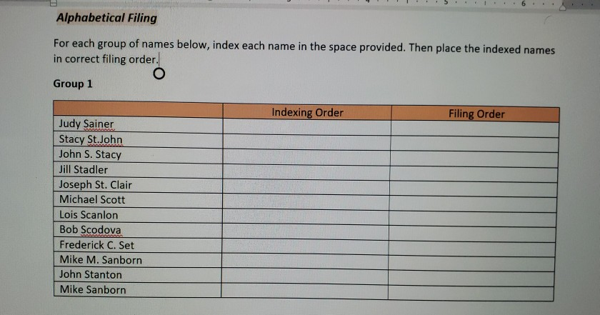Alphabetical Filing For each group of names