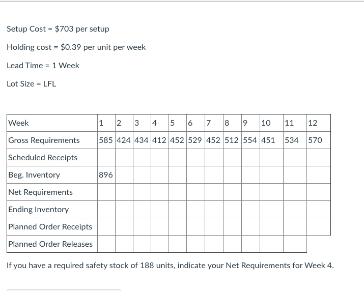 Setup Cost = $703 per setup Holding cost = $0.39