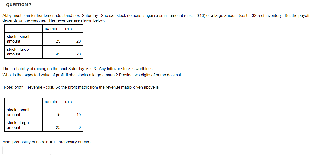 QUESTION 7 Abby must plan for her lemonade stand