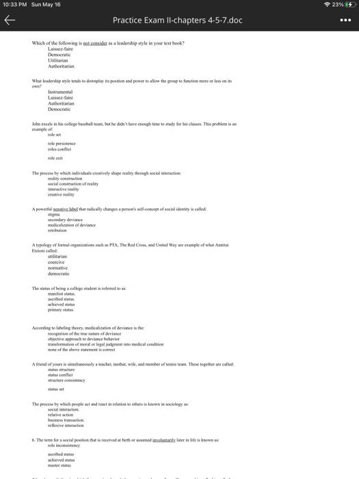 10:33 PM Sun May 16 23% Practice Exam Il-chapters