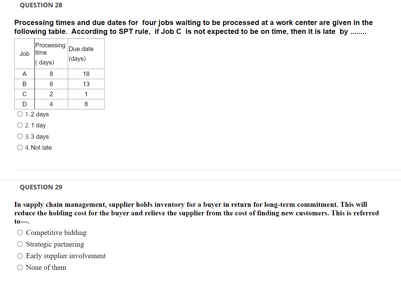 QUESTION 28 Processing times and due dates for