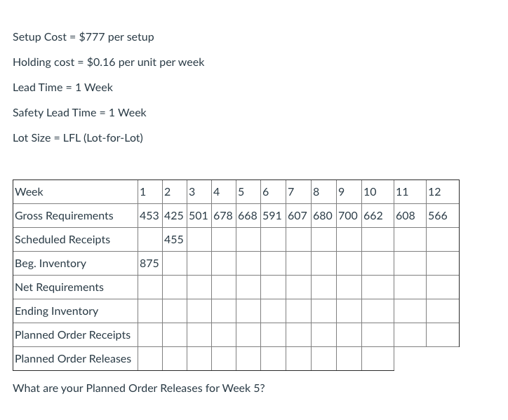 Setup Cost = $777 per setup Holding cost = $0.16