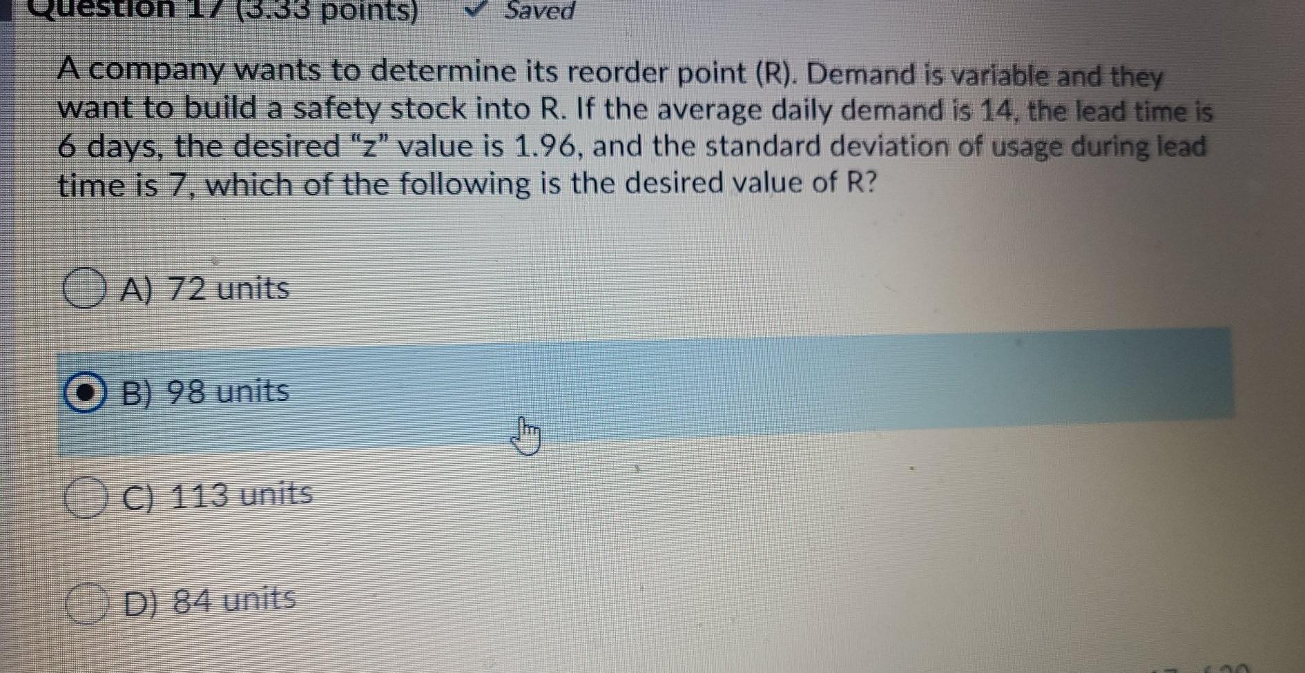 stion 17 (3.33 points) Saved A company wants to