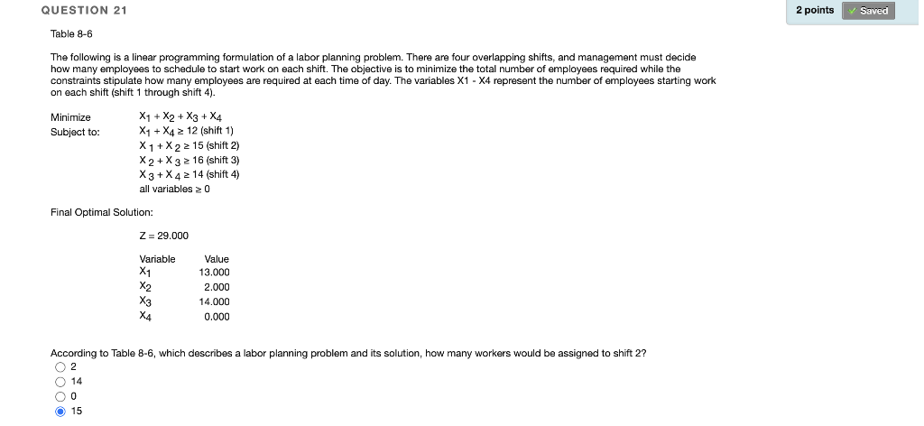 QUESTION 21 2 points Saved Table 8-6 The