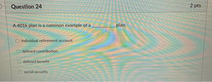 > Question 24 2 pts A 401k plan is a common