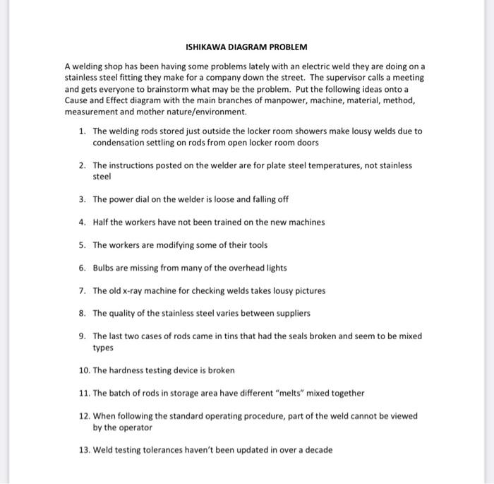 ISHIKAWA DIAGRAM PROBLEM A welding shop has been