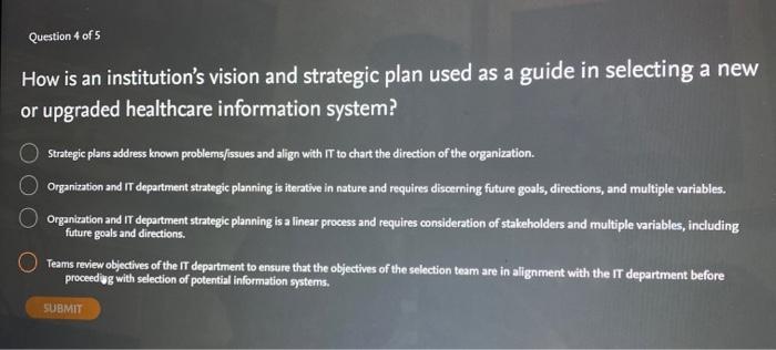 Question 4 of 5 How is an institution's vision