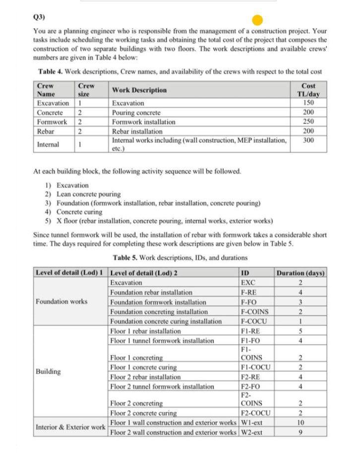 Q3) You are a planning engineer who is