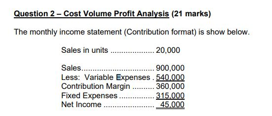 Question 2 - Cost Volume Profit Analysis (21