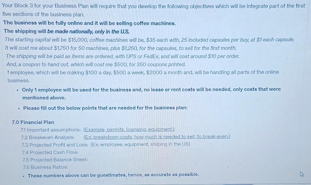 fill out financial plan options. please cite