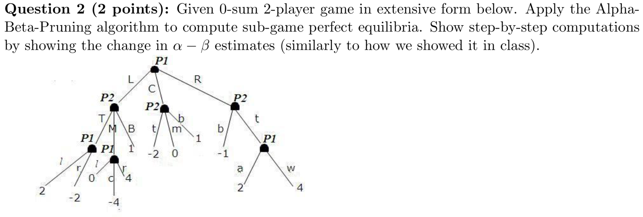 Question 2 (2 points): Given 0-sum 2-player game