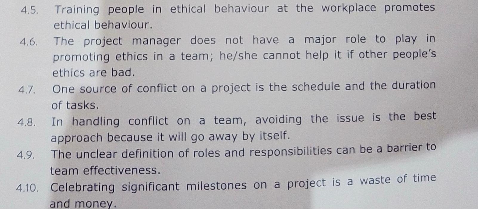 true and false questions project management 4.5.