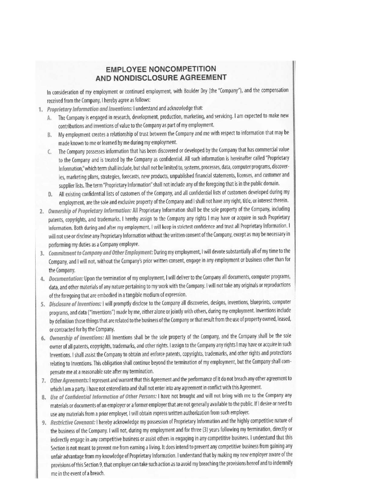 EMPLOYEE NONCOMPETITION AND NONDISCLOSURE