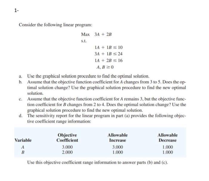 1- Consider the following linear program: Max 3A