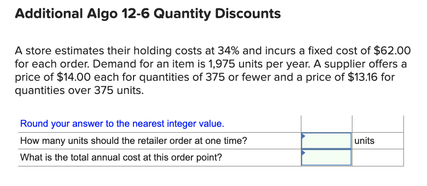 Additional Algo 12-6 Quantity Discounts A store