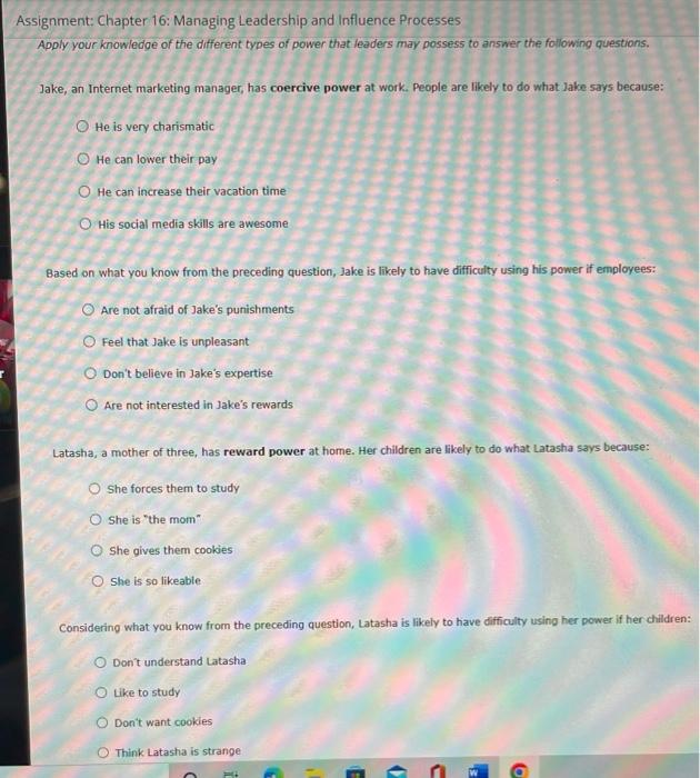 Assignment: Chapter 16: Managing Leadership and