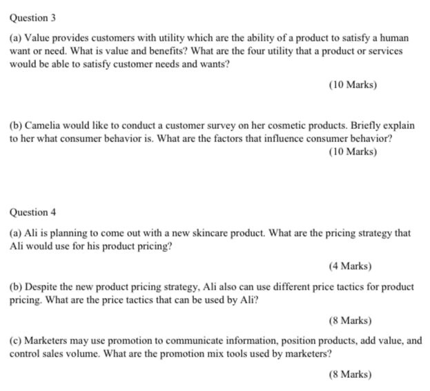 Question 3 (a) Value provides customers with