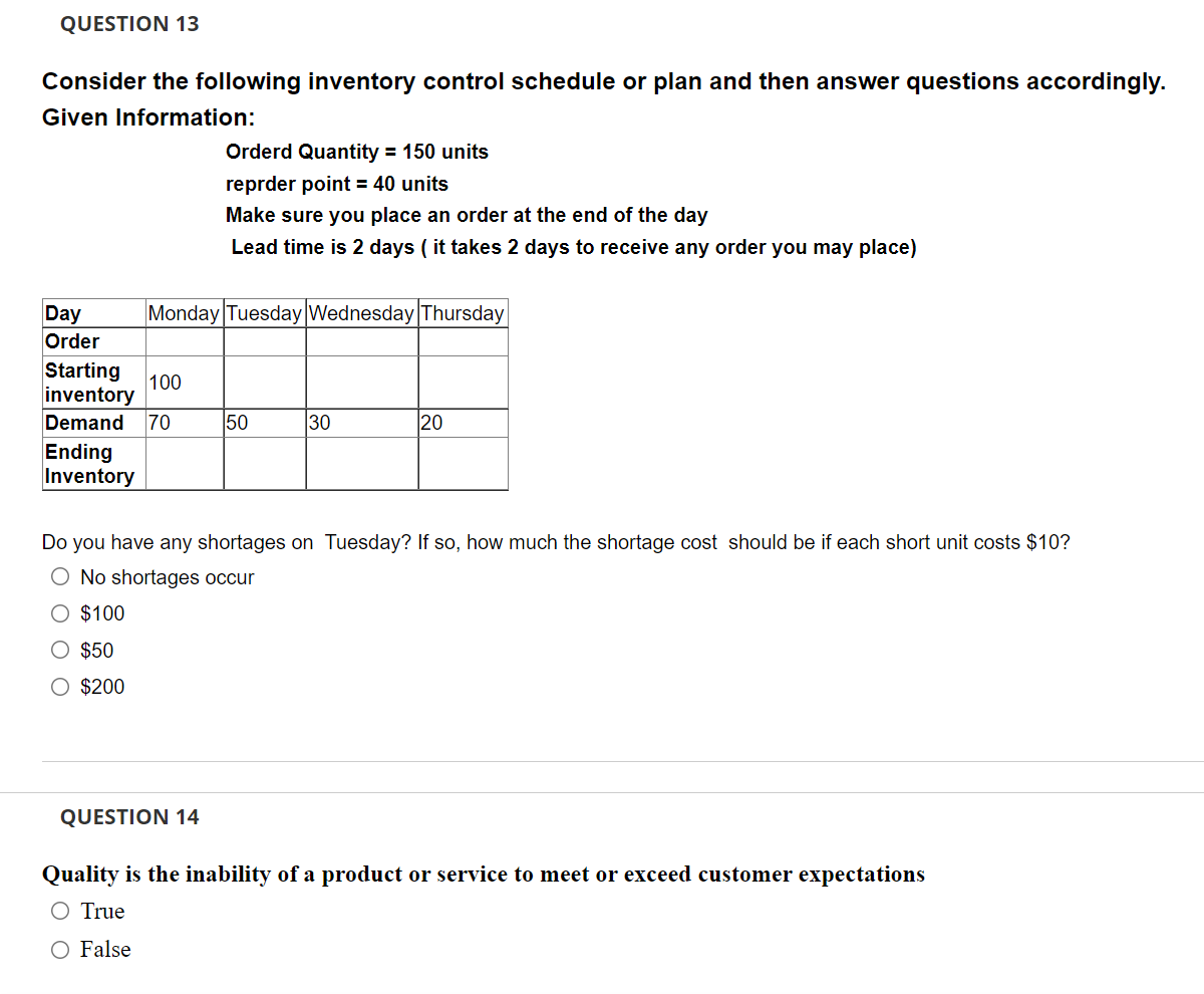 QUESTION 13 Consider the following inventory