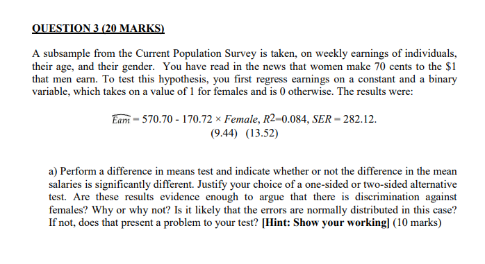 QUESTION 3 (20 MARKS) A subsample from the