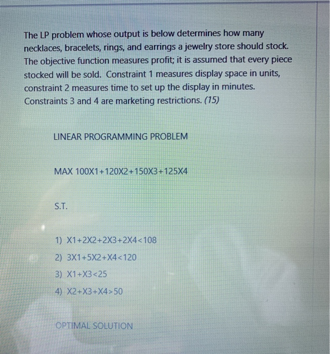 The LP problem whose output is below determines