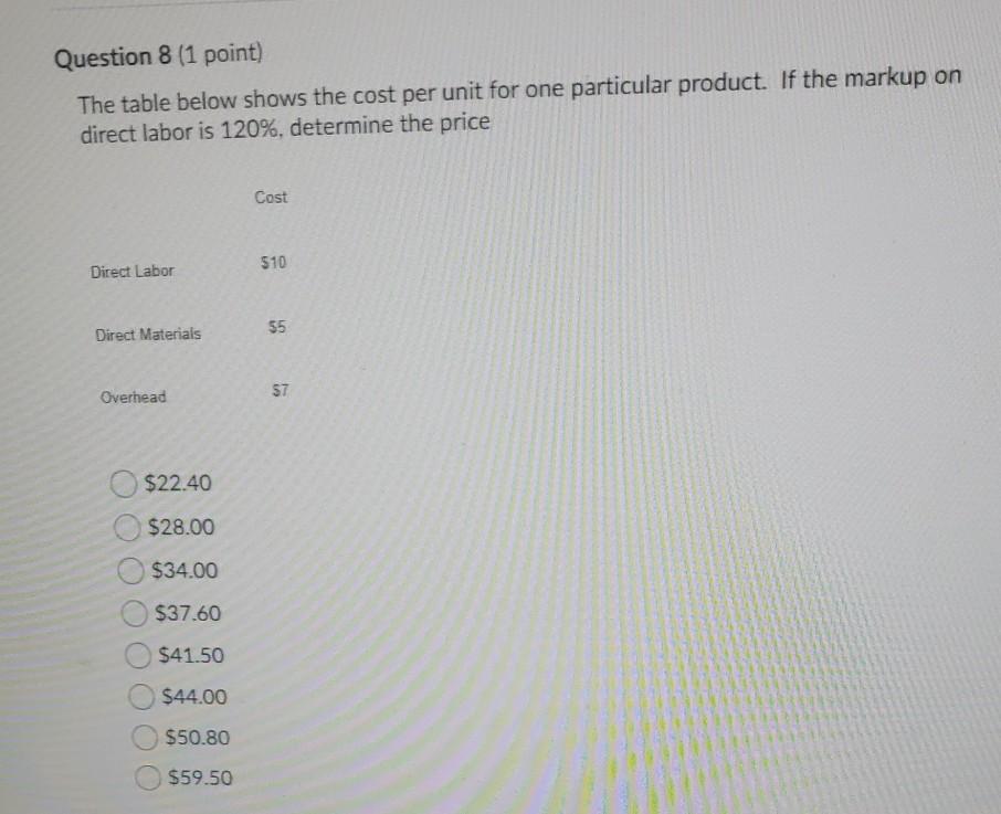 Question 8 (1 point) The table below shows the