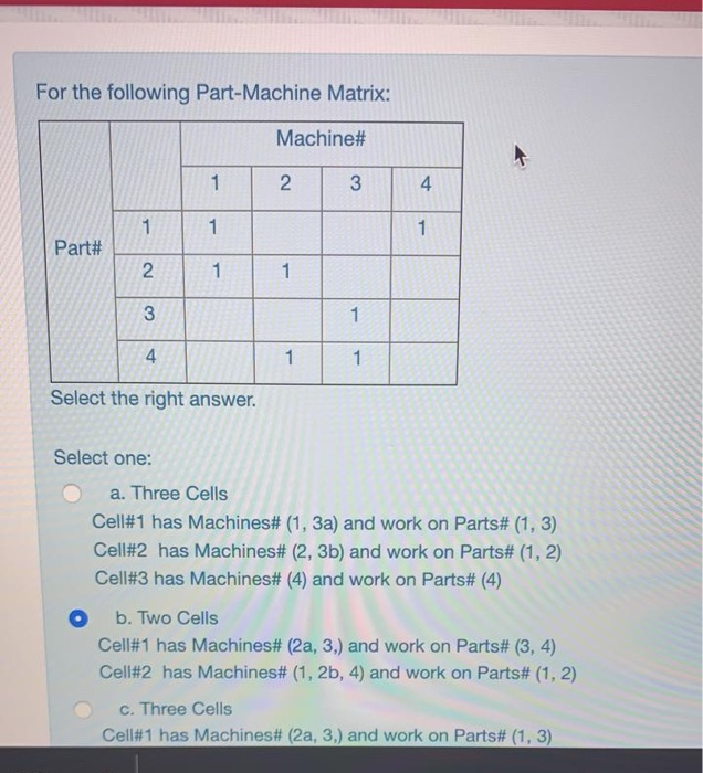 For the following Part-Machine Matrix: Machine# 2