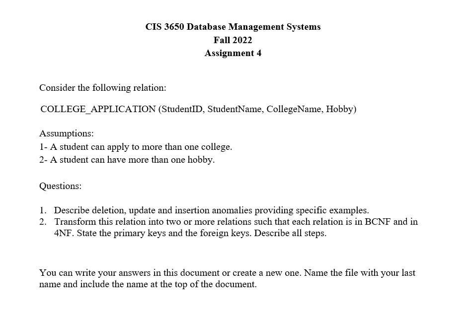 CIS 3650 Database Management Systems Fall 2022