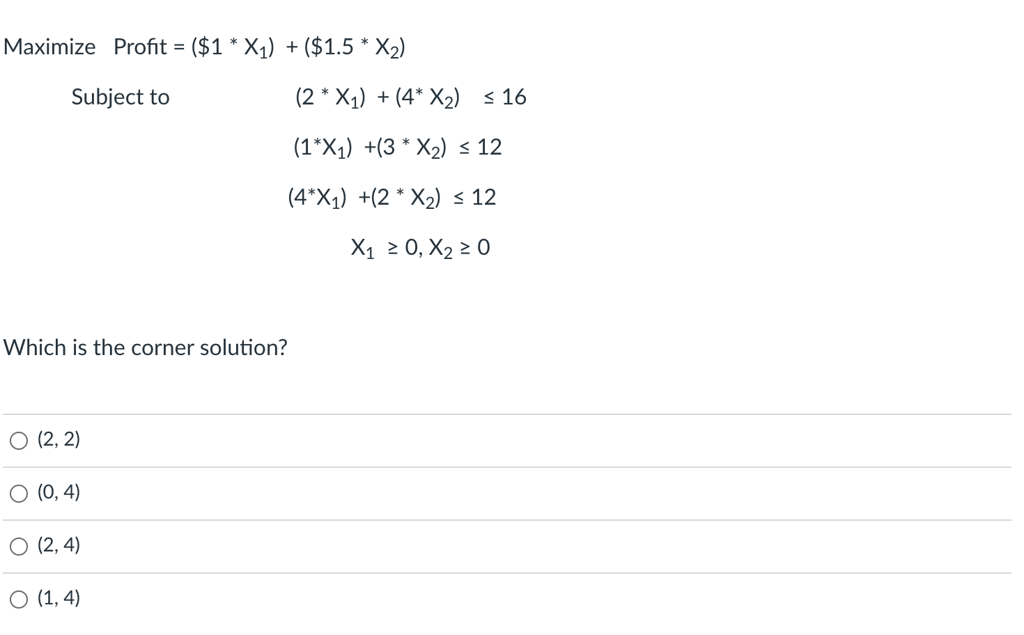 Maximize Profit = ($1 * X1) + ($1.5 * X2) Subject